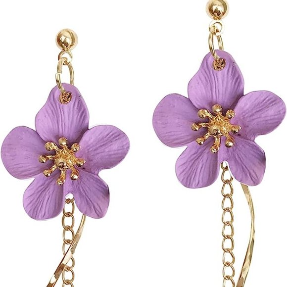 Lavender Matte Flower Post Earrings 3D Hibiscus Flowers Long Chain Dangle New - Picture 2 of 3